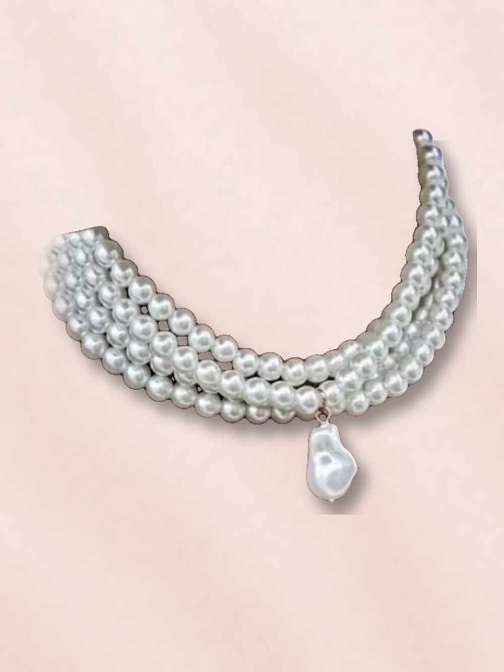 White Faux Pearl 4 Strand Choker with Baroque Drop, 12 in + 3 in Extender NWT